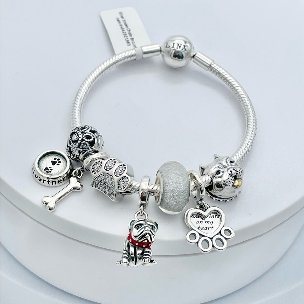 Linx Snake Chain Bracelet and English Bulldog Themed Charms 925 sterling silver
